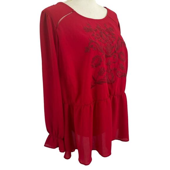 Torrid Peplum Georgette Embroidered Long Sleeve Blouse Plus Size 2X Red - Picture 2 of 10